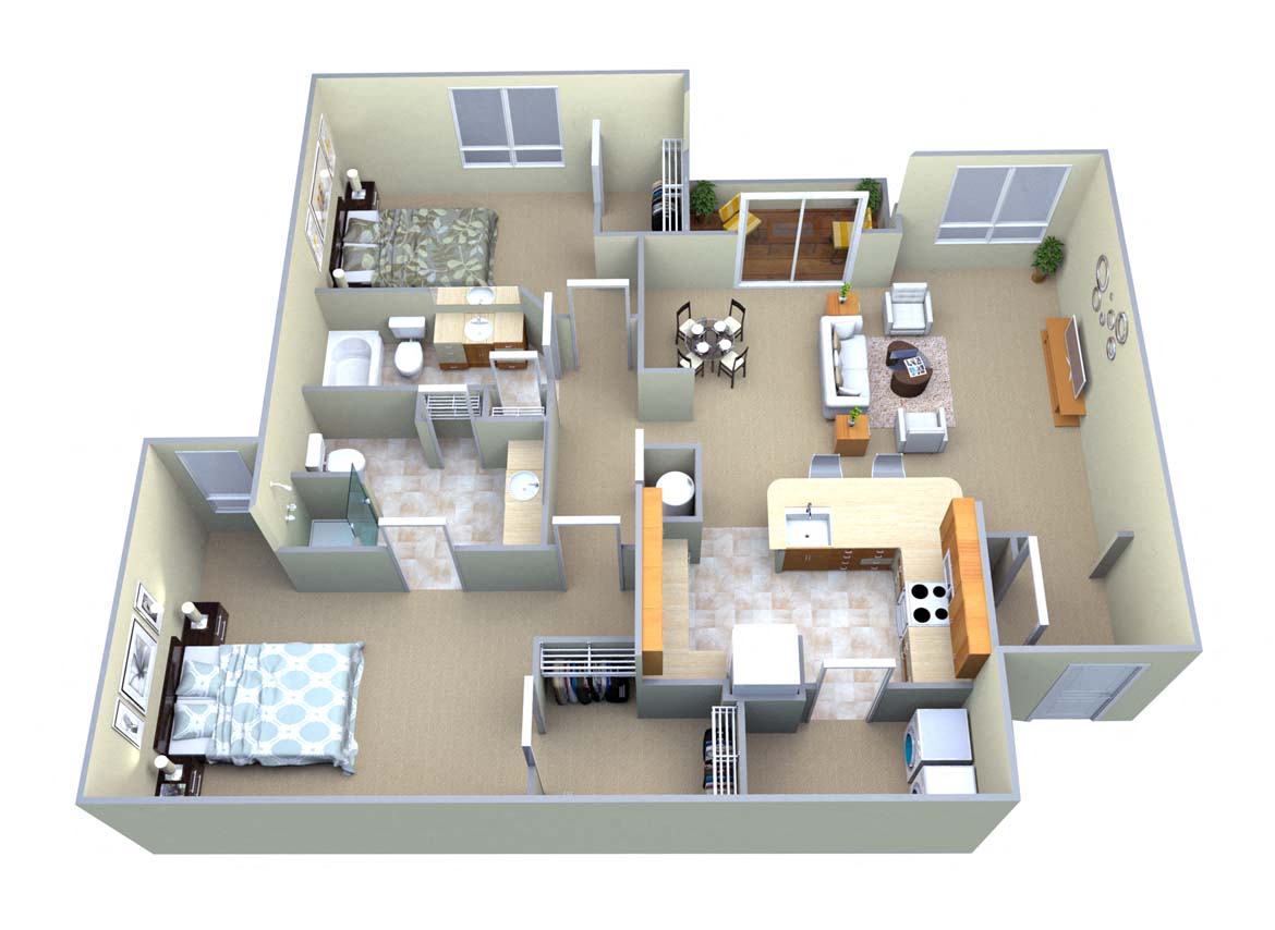 Floor plan for 2 beds, 2 baths, 1100 sqft